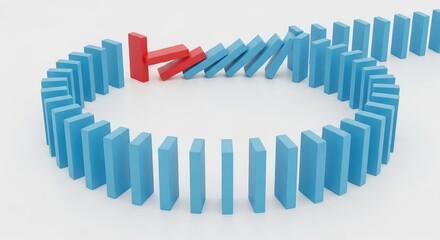 Fototapeta premium Domino effect concept with red blocks causing chain reaction among many blue blocks in a curved pathway on a clean white background
