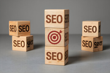 Wooden blocks with S E O text and target symbol on gray surface search engine optimization