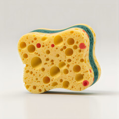Yellow sponge with red dots and teal green stripe cleaning
