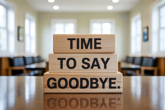 Wooden blocks stacked with text saying Time To Say Goodbye