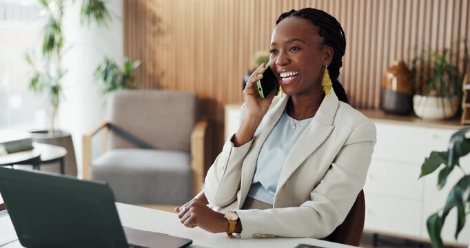 Laptop, woman and smile with phone call in office for guest list update, venue sourcing and info. Event planner, black person and mobile chat with supplier for reservation booking or client feedback