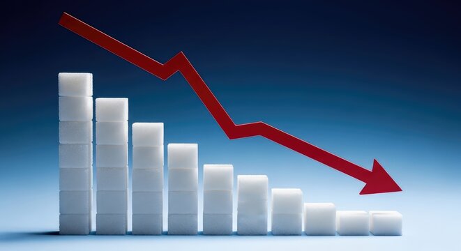 Downward trend represented by white bar graph and red arrow against blue background showcasing business decline and financial decrease