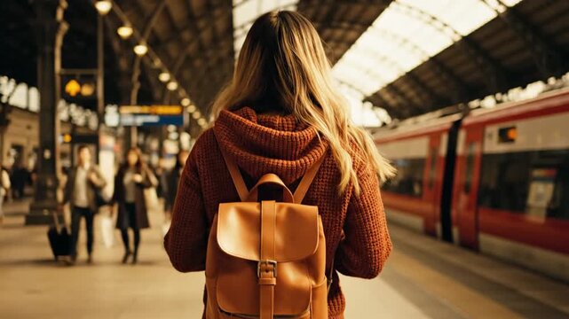 Young woman with a stylish backpack stands on a bustling train station platform, eagerly awaiting her next adventure, ready for an exciting journey ahead