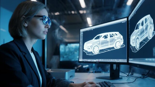 Female Engineer Developing 3D Car Model and Smart City Infrastructure in High-Tech Lab