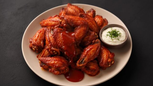 Pouring Red Spicy Sauce over a Pile of Fried Chicken Wings