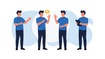 Obraz premium Set of a man in a blue shirt in different poses like pointing, giving an OK sign, and holding a clipboard.