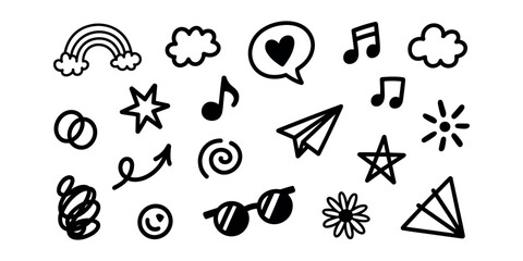 Black and white doodle including rainbow clouds music notes stars and sunglasses in white background. © Tania
