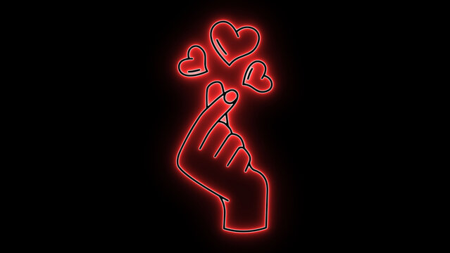 Korean finger heart. Red neon hand. Glowing heart sign. Saranghae gesture. Kpop fan art. Romantic neon light. Hand love symbol. Trendy neon icon. Valentines graphic. Neon outline art.