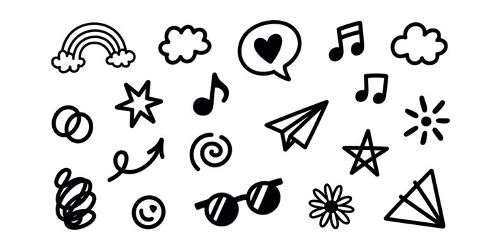Black and white doodle including rainbow clouds music notes stars and sunglasses in white background.