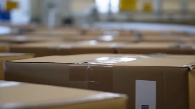 A video showcasing rows of sealed cardboard boxes in a warehouse setting.