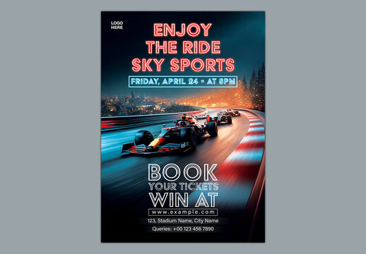 Editable Formula Car Racing Event Promotion Flyer Template with High Speed Track Action and Book Your Tickets for Motorsport Championship.