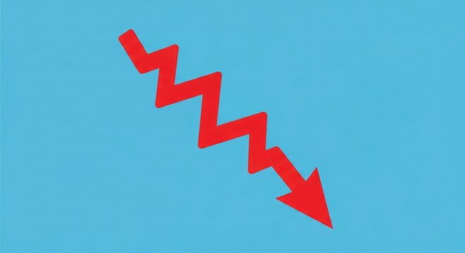 Red downward arrow symbol against a vibrant blue backdrop representing decline fall decrease and negative financial trends with zig zag pattern