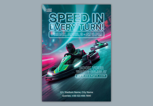 Editable Go Kart Racing Event Promotion Flyer Template with High Speed Track Action and Book Your Tickets for Motorsport Championship.