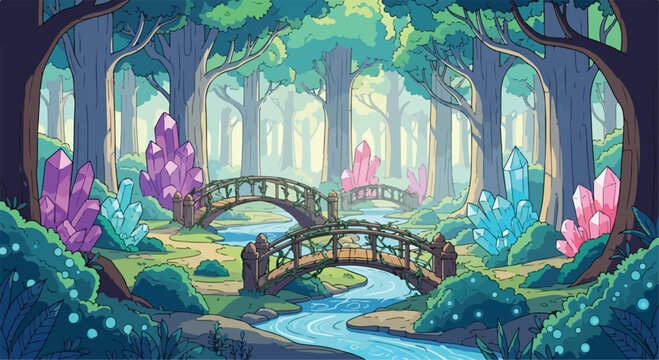 Fantasy Forest Landscape with Crystal Rocks and Wooden Bridges Over Blue Stream