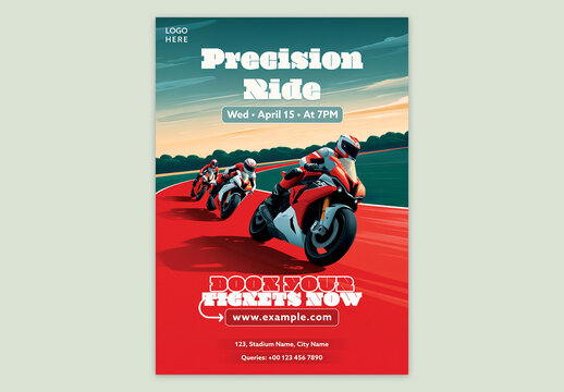 Editable Motorcycle Racing Championship Event Flyer Template with Precision Bike Ride Theme and High Speed Track Action.
