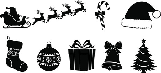 Christmas holiday elements set silhouettes cad drawing flat vector illustration with santa sleigh reindeer tree gift box bell and winter ornaments © Hello World
