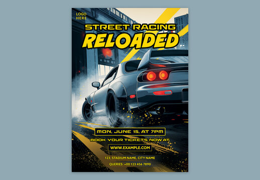 Editable Motorsport Racing Championship Event Flyer Template with Street Car Motion and Book Your Tickets.