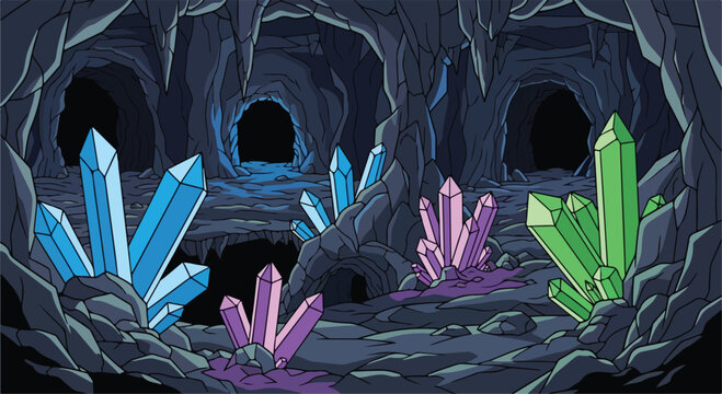 Dark Cave with Colorful Blue Pink Green Crystals and Stalactites Vector Illustration