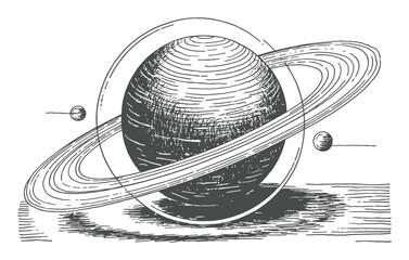 Vintage of Saturn with rings and moons, rendered in a style © Batter stock