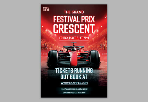 Editable Grand Festival Crescent Racing Event Flyer Template with Formula Style Race Car and Night Stadium Sports Design for Ticket Booking Promotion.