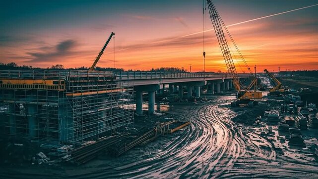 Sunset view of muddy highway bridge construction site with cranes, scaffolding, and construction materials, heavy machinery at dusk