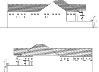 Fototapeta premium Vector sketch illustration of architectural design silhouette view facade section of house construction with scale size 