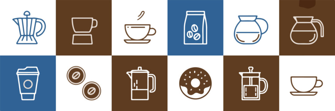 Coffee shop icons coffee maker cup bag beans french press donut disposable cup with lid