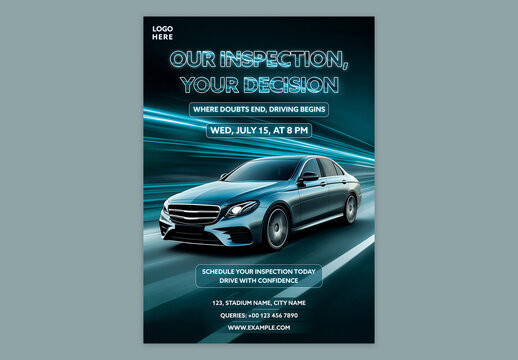 Editable Vehicle Inspection Service Promotion Flyer Template with Teal Blue Car Model for Automotive Safety Check and Appointment Booking.