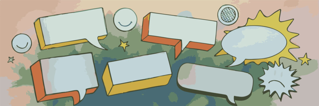 Speech bubbles with smiley and sad faces and stars, set against a watercolor background of Europe map