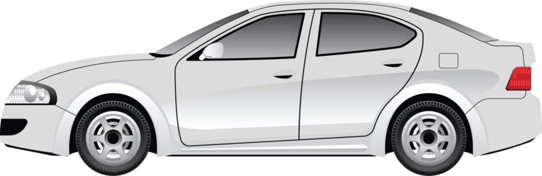 Illustration of a modern white sedan car, five door vehicle, featuring sleek lines and a contemporary design, shown in side profile