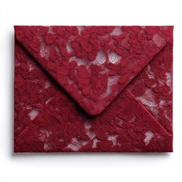 Elegant deep red lace envelope with intricate floral patterns