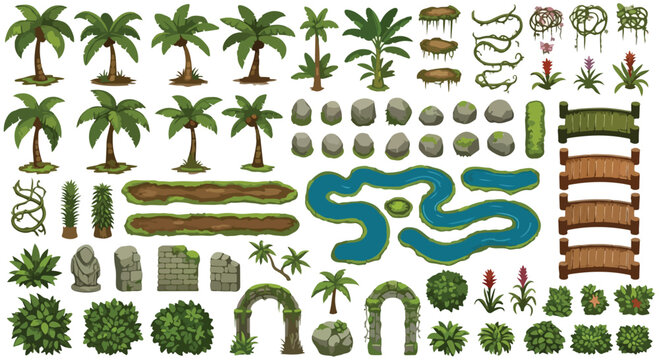 Isometric Jungle Game Environment Assets Vector Set