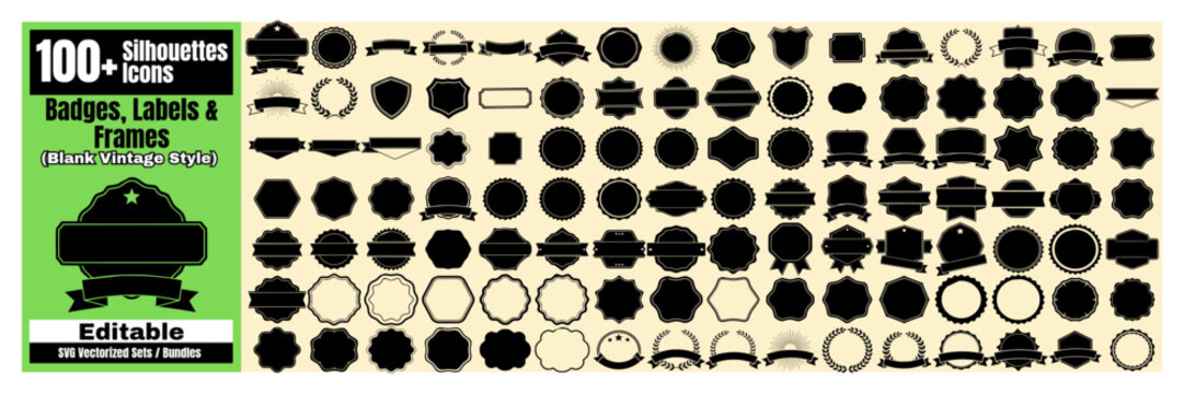 Set Bundle of Collection over 100 blank silhouette badges labels and frames in vintage style offering diverse shapes and editable design elements for graphic creation , Maan Studio