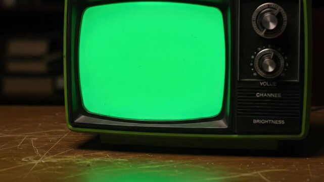 Vintage Green Television Set with Bright Green Screen on Wooden Desk