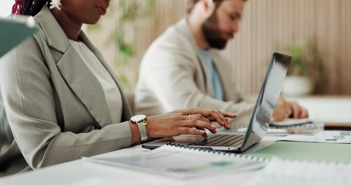 Hands, woman and laptop with coworking in office for editing manuscript, publication or copywriting. Staff, female journalist and typing on tech at publishing agency for article draft and submission