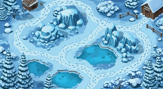 Winter Wonderland Cartoon Map with Snowy Paths and Frozen Ponds