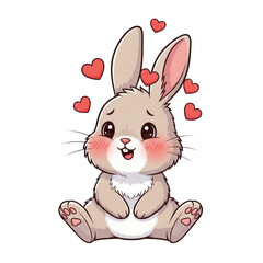 Obraz premium Cute cartoon bunny rabbit with pink cheeks and red hearts floating around its head, sitting with a happy expression isolated PNG with Transparent Background