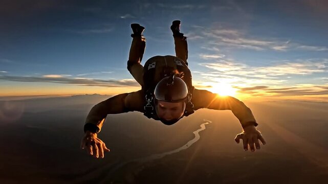 Skydiver in mid-air during a stunning sunset, showcasing the thrilling adventure and unique perspective of extreme sports and adrenaline-fueled freedom