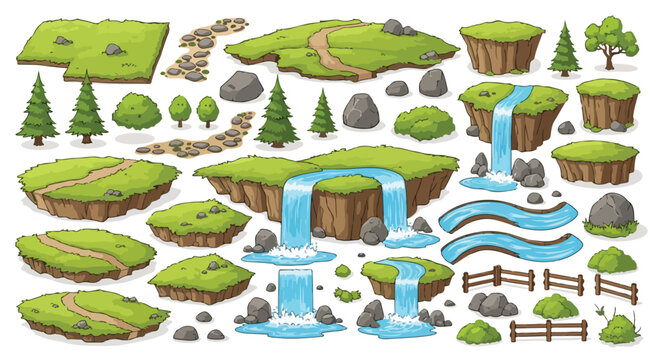 Cartoon Game Environment Landscape Elements Set Vector