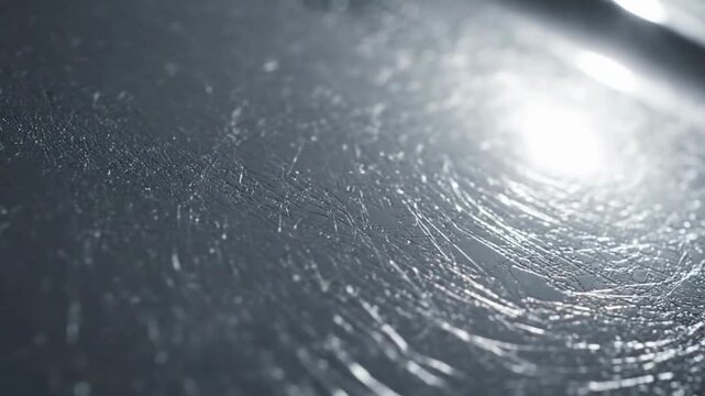 Close-up of a dark, scratched, and textured surface with light reflections.