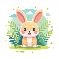 Fototapeta premium A cartoon rabbit sitting on a grassy hill surrounded by leaves and flowers in a serene environment