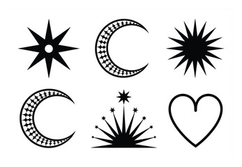 Obraz premium Collection of Celestial and Heart Icons: Stars, Moons, and Heart Outline