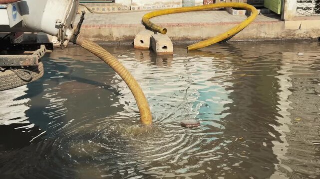 Specialized utility truck pumping wastewater from flooded street after sewer overflow