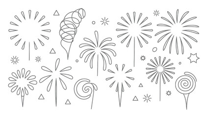 Collection of Stylized Fireworks and Sparklers in Outline