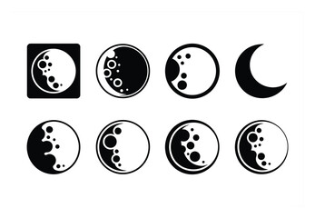 Collection of stylized moon phases and celestial bodies in black and white