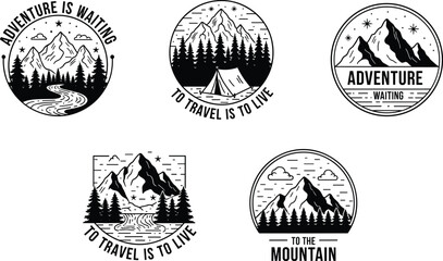 Adventure travel vector illustration, mountain landscape badge, camping tent design, hiking emblem, outdoor exploration, motivational typography art © Mozibur