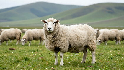 Fototapeta premium Sheep Grazing in Green Pasture with Mountain View 