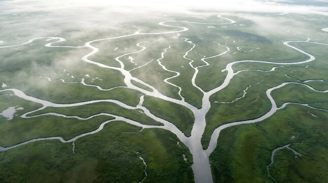 Aerial view of winding river delta, green marshland landscape with branching water channels, misty wetland ecosystem from above