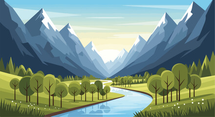 Cartoon Style Mountain Valley Landscape with River and Green Trees © 爱心