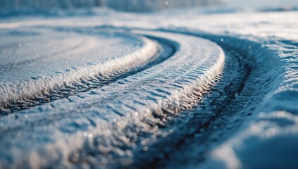 Close-up of tire tracks deeply embedded in fresh, sparkling snow